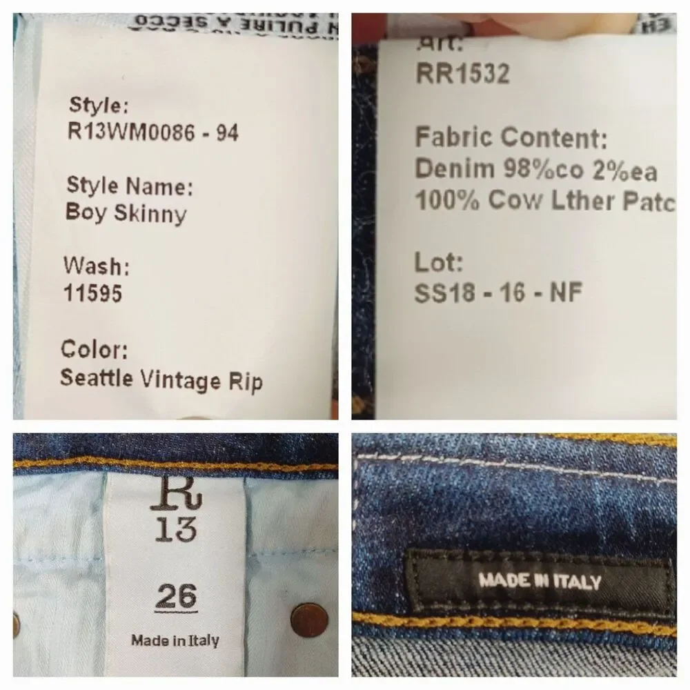 R13 Boy Skinny Seattle Vintage Rip Women's Mid-Rise Stretch Jeans Size 26
